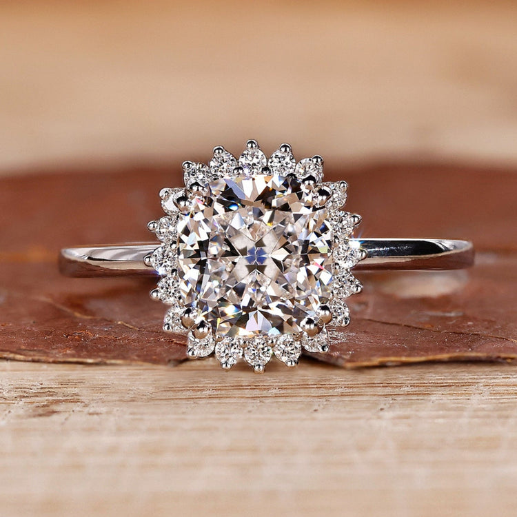 Cushion Cut Diamond Ring with halo diamond engagement ring.