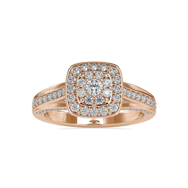 Pave and side stone engagement rings with a stunning round diamond and bridge accent.