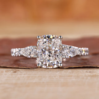 Elongated Cushion Cut Diamond Ring with 3 Stone engagement ring.