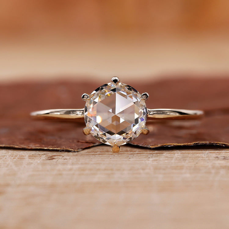Yellow gold diamond ring with round rose cut diamond ring.