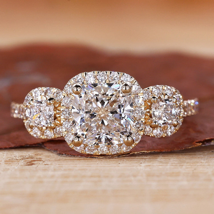 Halo Diamond Engagement Ring with 3 stone diamond ring.