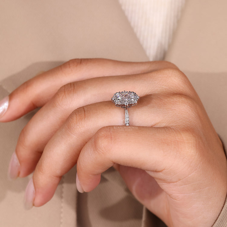 Round Diamond Side Stone Ring with radiant center.