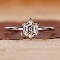 Hexagon step cut diamond ring in white gold diamond ring.