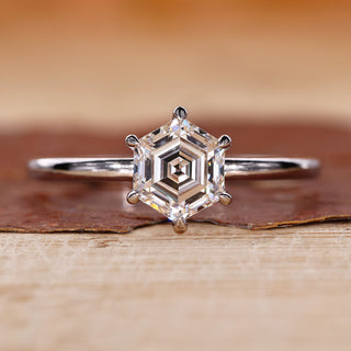Hexagon step cut diamond ring in white gold diamond ring.