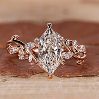 Dutch Marquise Diamond Ring with Vines and Leaves Design in Rose Gold