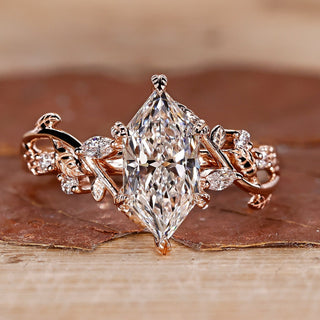 Dutch Marquise Diamond Ring with Vines and Leaves Design in Rose Gold