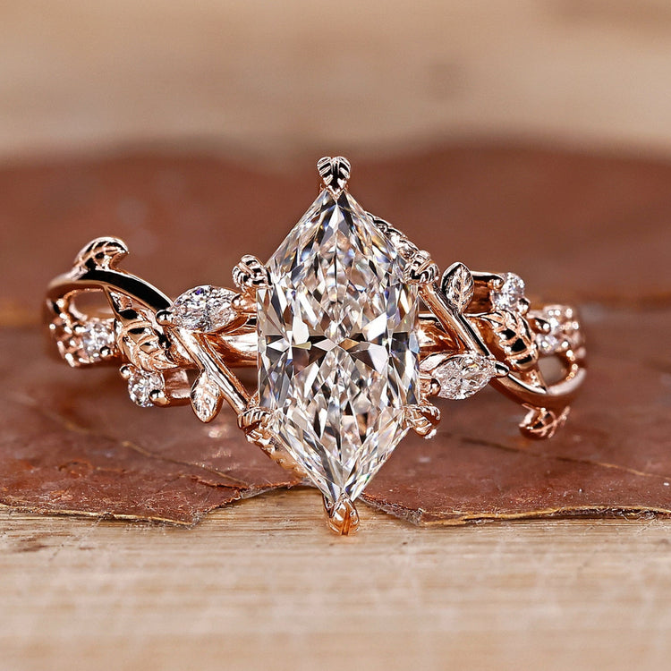 Dutch Marquise Diamond Ring with Vines and Leaves Design in Rose Gold