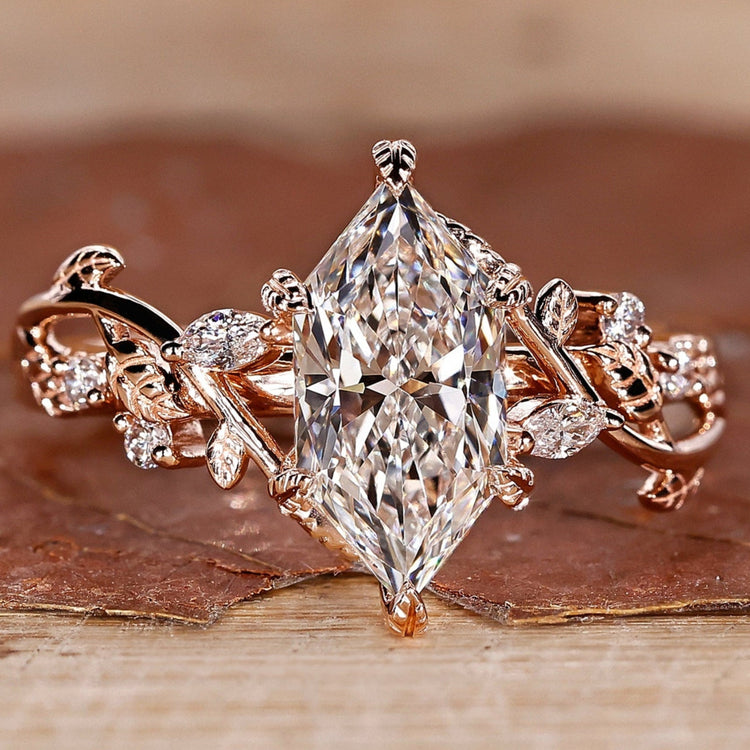 Dutch Marquise Diamond Ring with Vines and Leaves Design in Rose Gold
