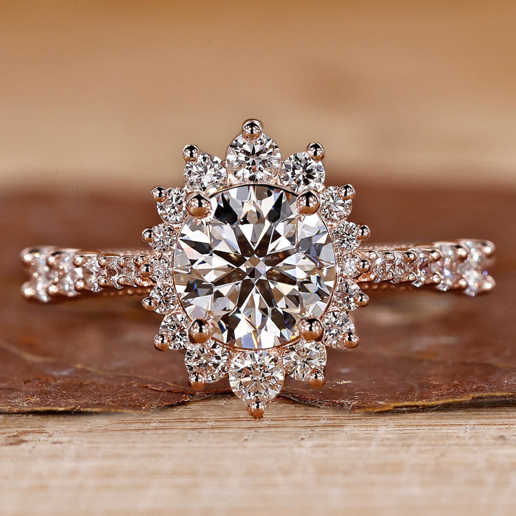 Round diamond ring with a halo ring setting.
