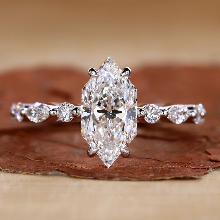 dutch marquise engagement ring in white gold band.