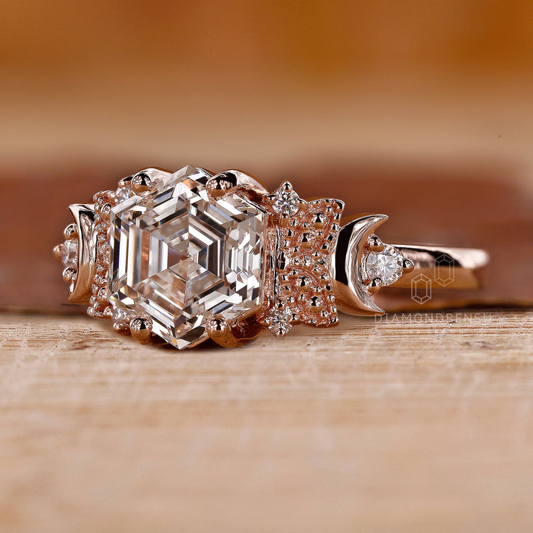 rose gold engagement ring in hexagon shape design.