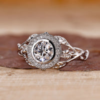 IGI certified round diamond in nature inspired bezel ring.