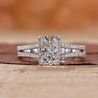 Radiant cut diamond ring set in white gold engagement ring.