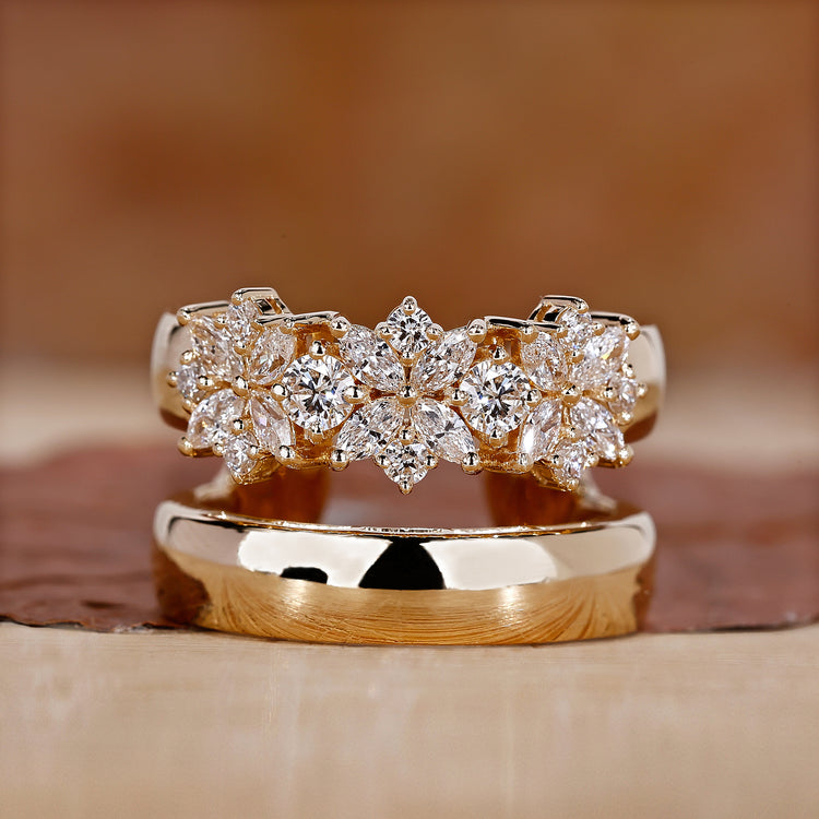 yellow gold diamond ring with prong setting detail.
