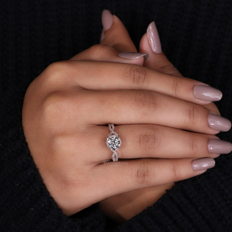 Pave diamond ring with intricate detailing and sparkle