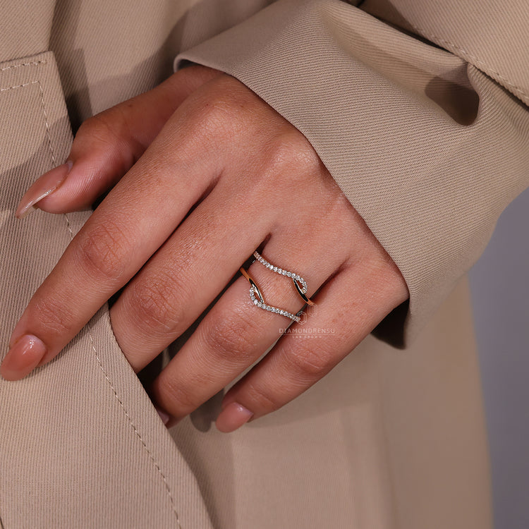 Wrap band paired with yellow gold wedding band.