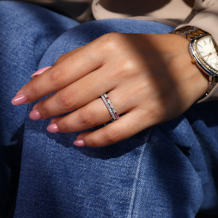 Double row pave wedding band with diamonds.