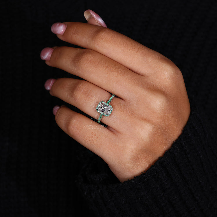 Customise ring with round emeralds and radiant cut diamond handmade in white gold.