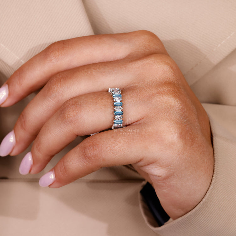 Half eternity wedding band with unique design.