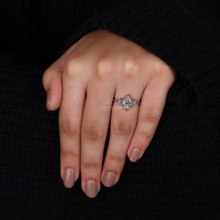 white gold diamond ring with elegant 3 stone design.