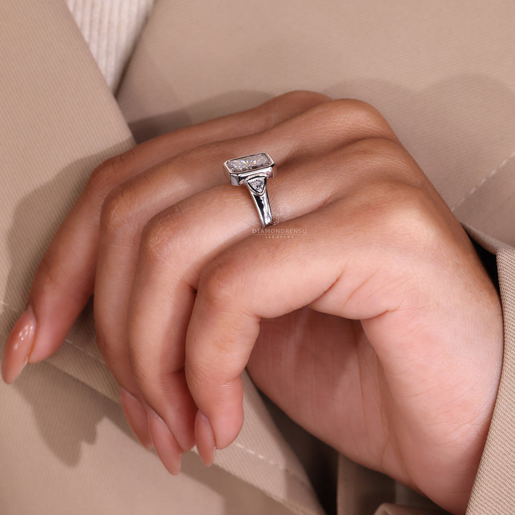 Bezel set engagement ring made in tapered shank ring.