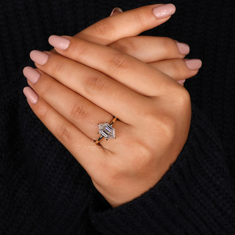 IGI certified diamond solitaire ring crafted in a hexagon design.