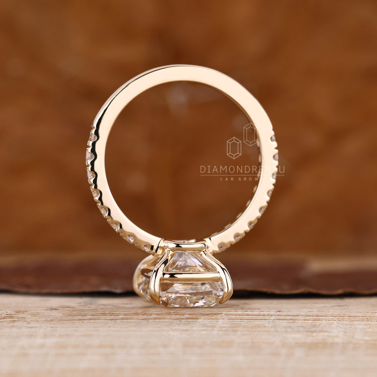 Handmade elongated cushion lab grown diamond ring.