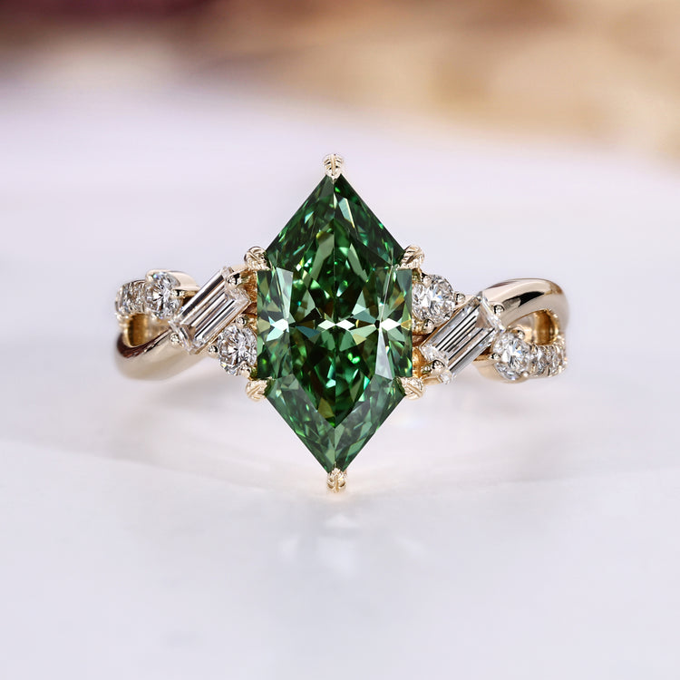 Dutch marquise diamond ring with green diamond.