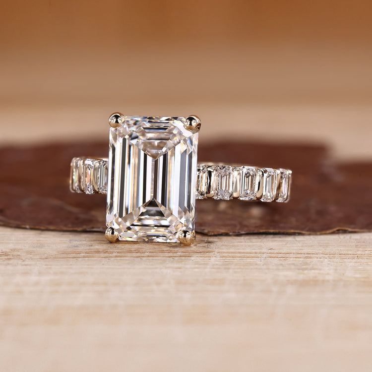 Handmade Emerald Cut Engagement Ring pave bar band.