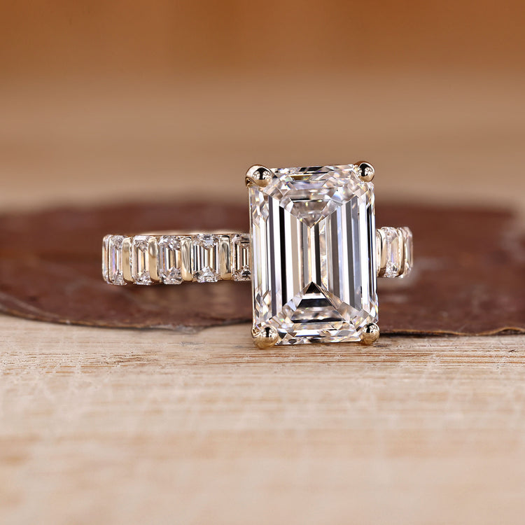 Lab Grown Emerald Cut Engagement Ring pave style.