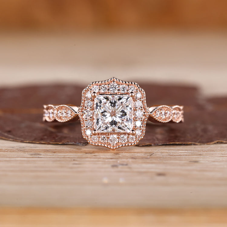 Princess Cut Diamond Ring with pave round diamonds.