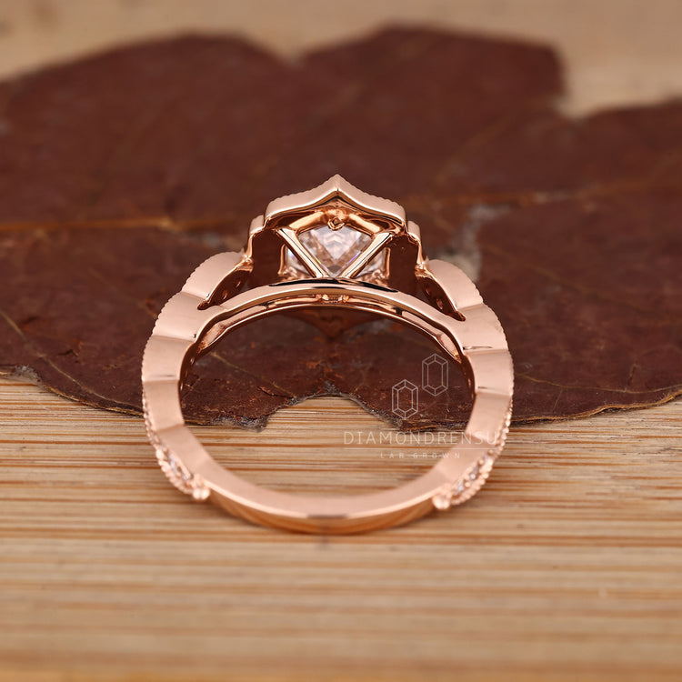 Hexagon Cut Diamond Ring refined cathedral setting.