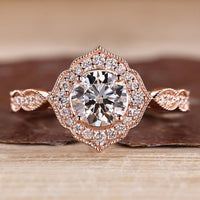 Round Cut Diamond Ring vintage pave milgrain style.