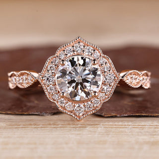 Round Cut Diamond Ring vintage pave milgrain style.