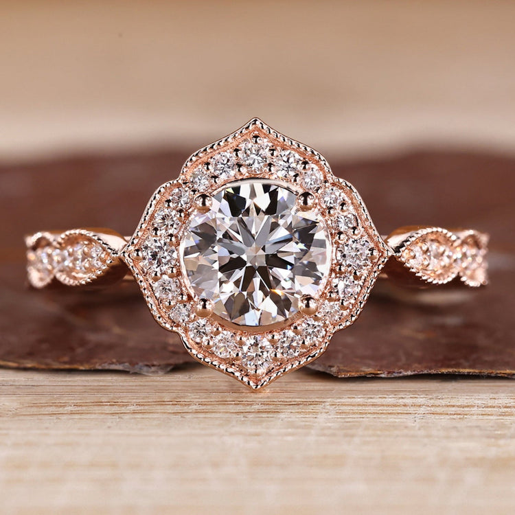 Round Cut Diamond Ring vintage pave milgrain style.