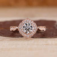 Round Cut Diamond Ring vintage pave milgrain style.