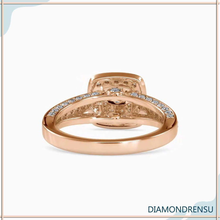 Round diamond ring featuring a bridge setup and double halo design for added flair.