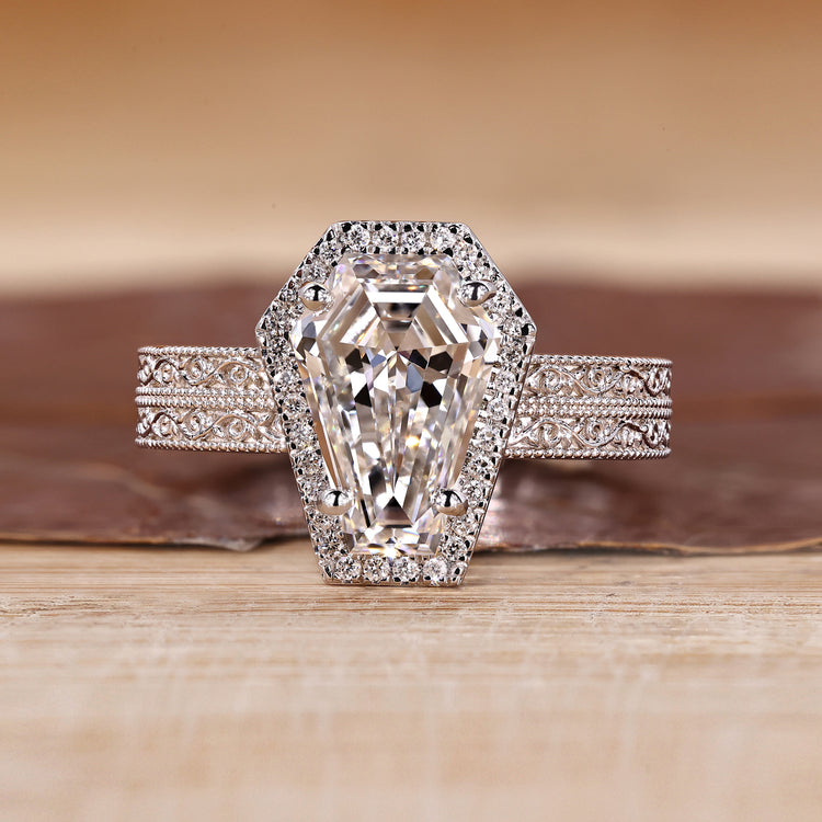 Coffin cut diamond ring double pave halo art deco.