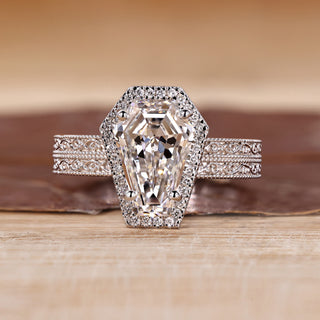 Coffin cut diamond ring double pave halo art deco.