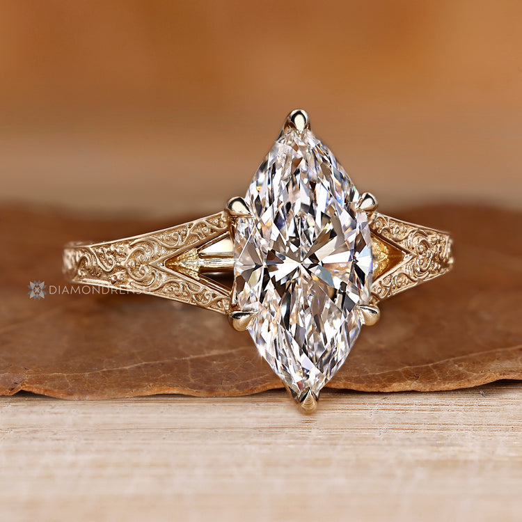 Handmade marquise diamond ring with Art Deco details.
