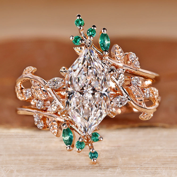 Dutch marquise diamond bridal set with filigree details.