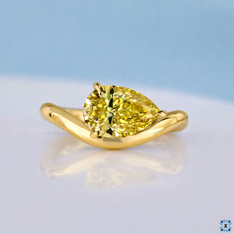Pear Yellow Moissanite Curved Solitaire East West Ring 1.20 CT