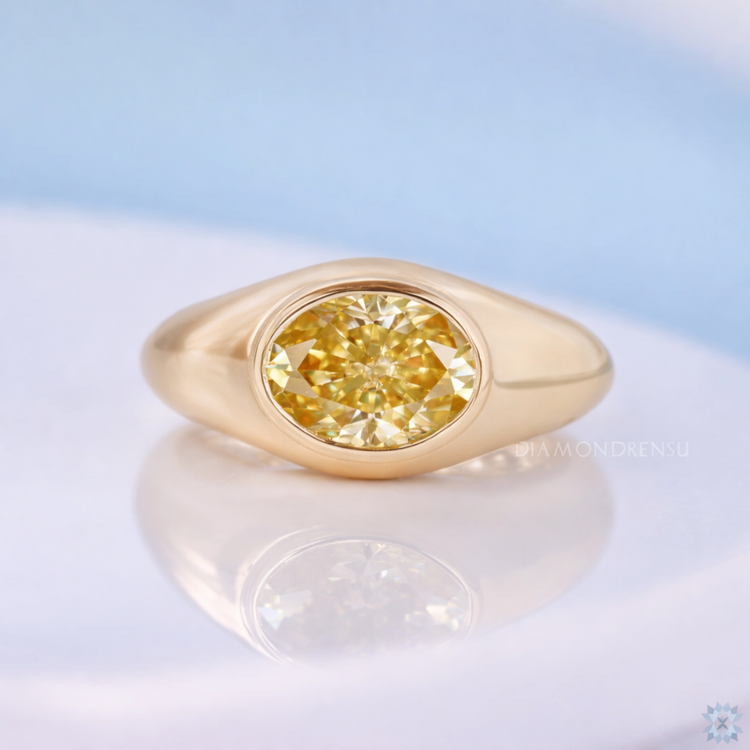 Oval Yellow Moissanite East-West Domed Signet Ring 1.21 CT