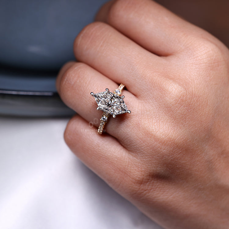 Marquise diamond ring hidden halo pave cathedral set.