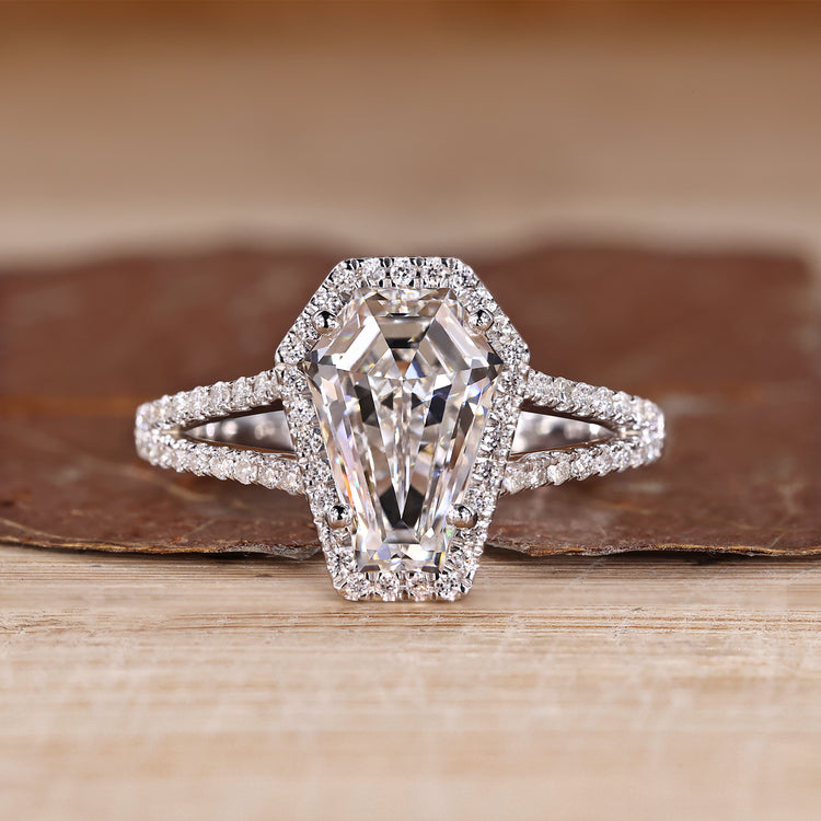 Coffin cut diamond ring halo split shank style.