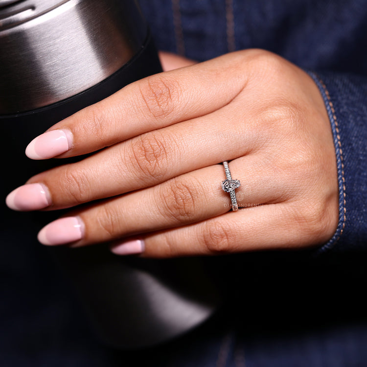 Coffin Cut Ring Hidden Halo Design with a Prong Setting.