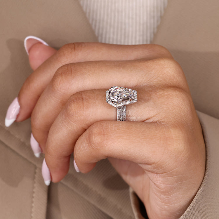 Handmade coffin cut diamond ring double pave halo.