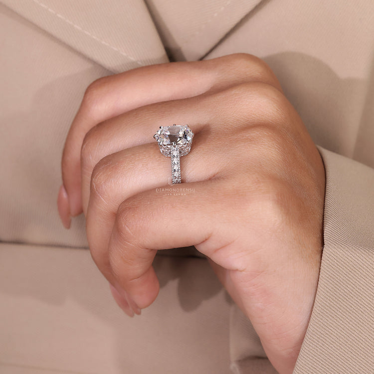 Art deco Cushion Old Mine Cut Lab Grown Diamond ring.