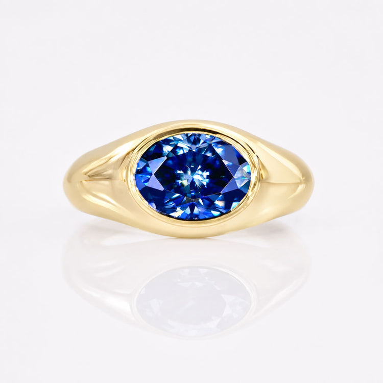 Oval Blue Moissanite East-West Domed Signet Ring 1.20 CT