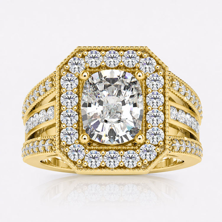 Trio Split Shank, 3.82 TCW Cushion Cut Vintage Style Engagement Ring